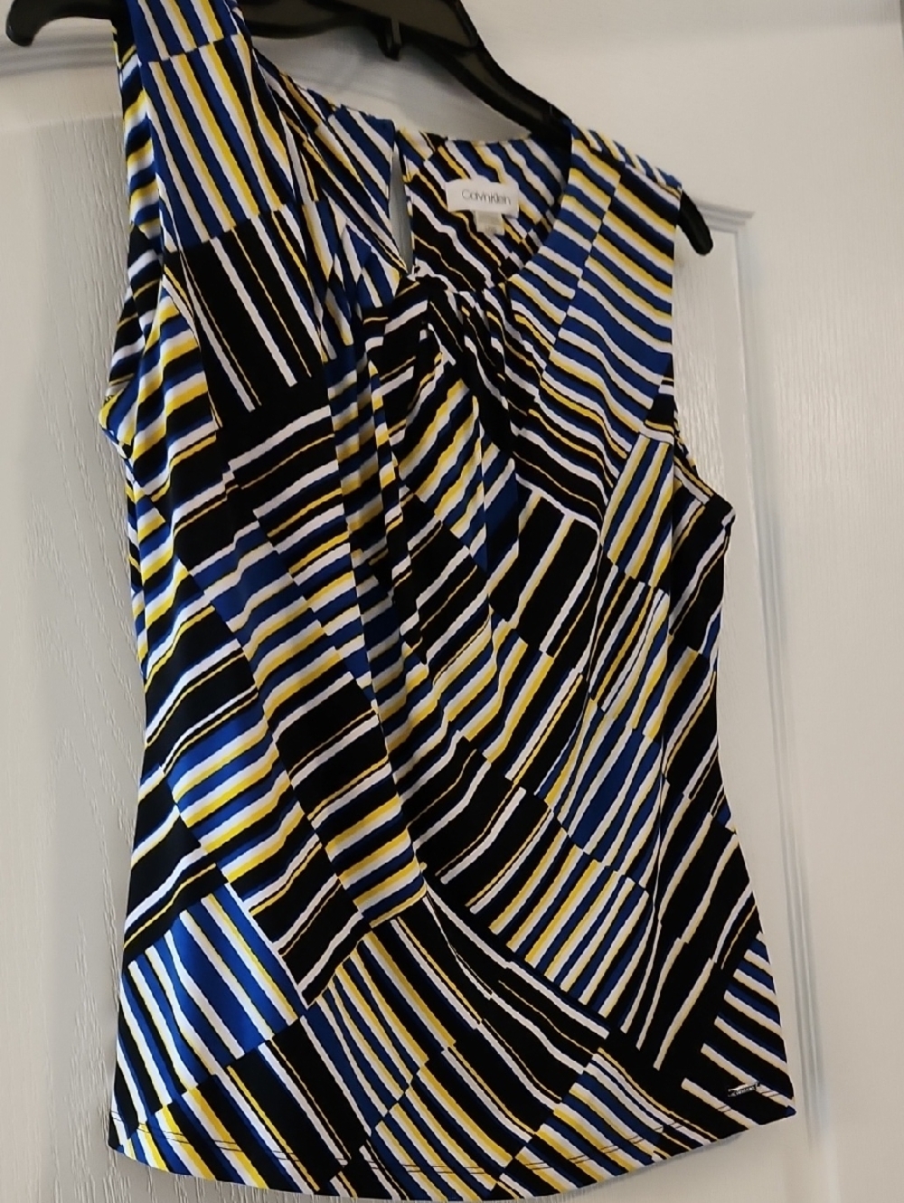 Calvin Klein Sleeveless Striped Knot-Neck Top - Blue, Yellow, Black, White